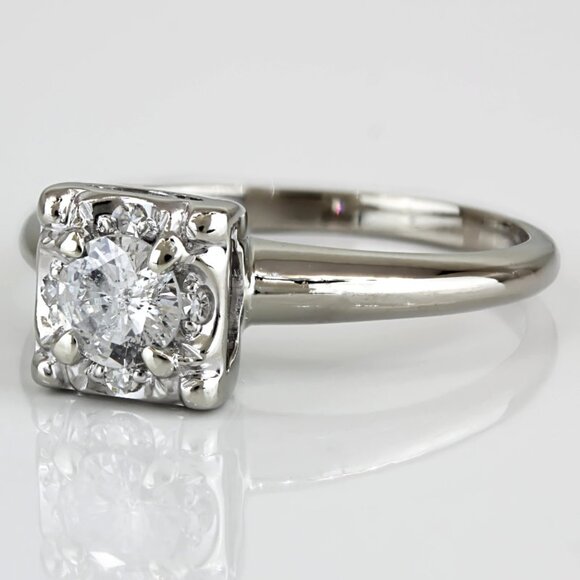Vintage c.1950 Diamond Wedding Engagement Ring 14K White Gold Mid-Century Retro - Picture 2 of 7